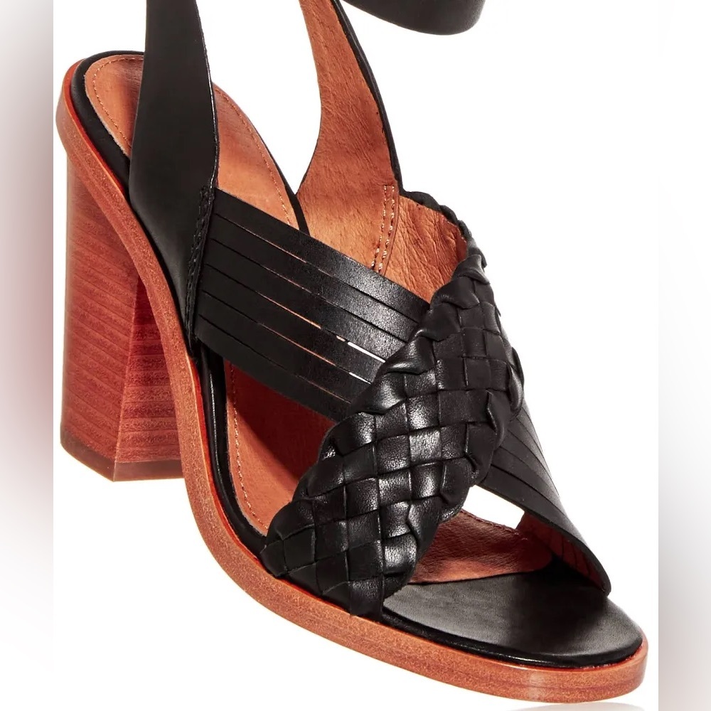 Frye NEW Sara Criss Cross Black Leather Strap Sandal Heels size 7.5 - Picture 3 of 9
